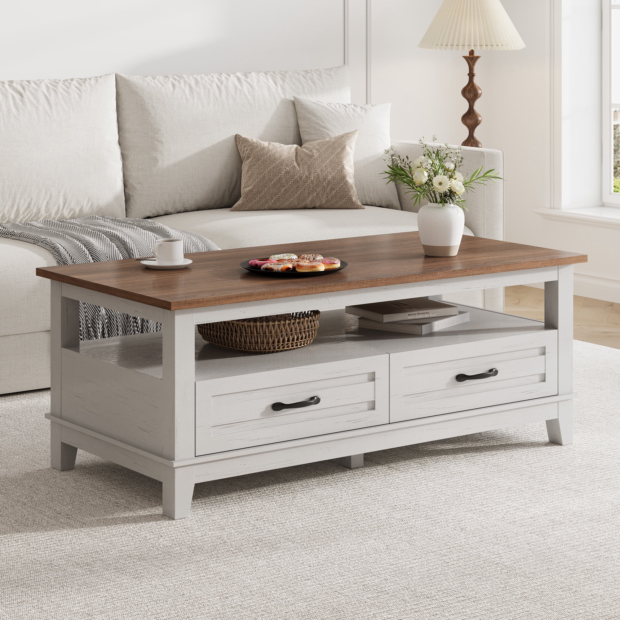 Farmhouse Coffee Table with Storage, Wood Coffee Table for Living Room, Open Display Area and Storage Drawers with Handles, Chic Style for Office, Parlor, Reading Room
