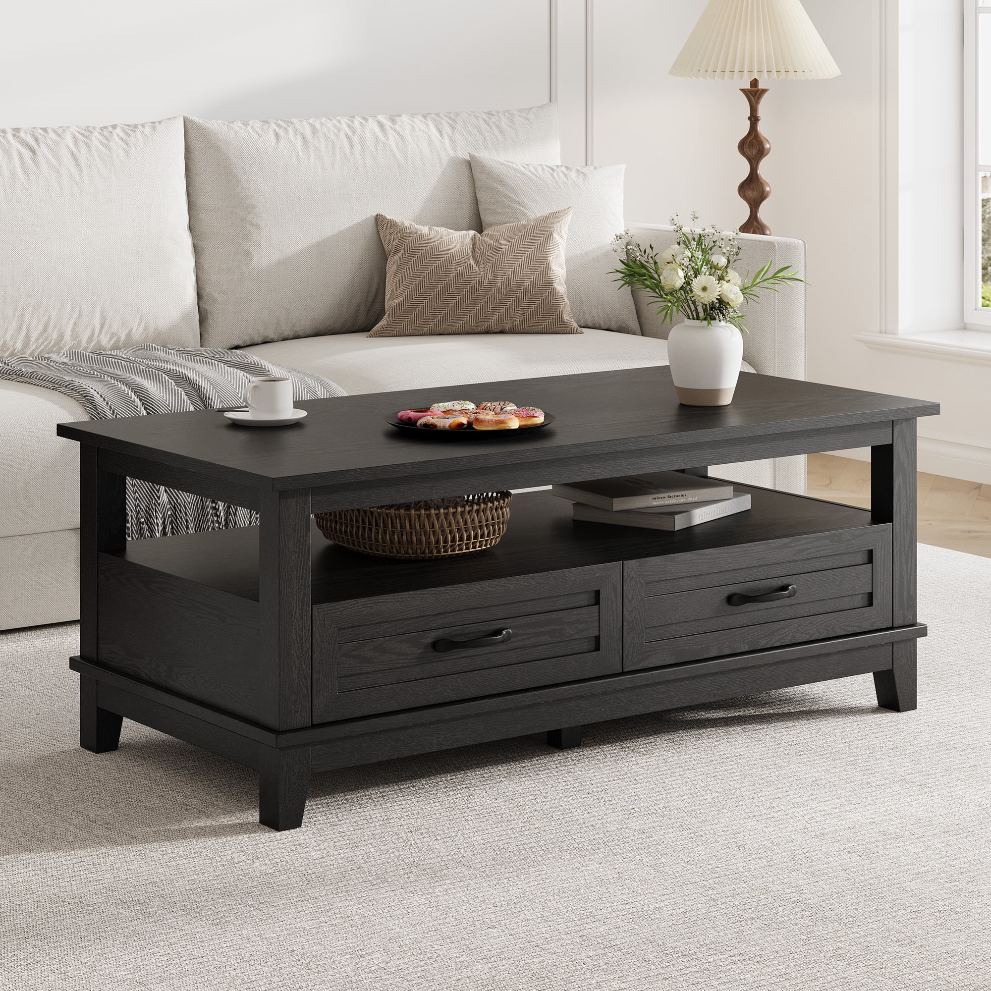 Farmhouse Coffee Table with Storage, Wood Coffee Table for Living Room, Open Display Area and Storage Drawers with Handles, Chic Style for Office, Parlor, Reading Room