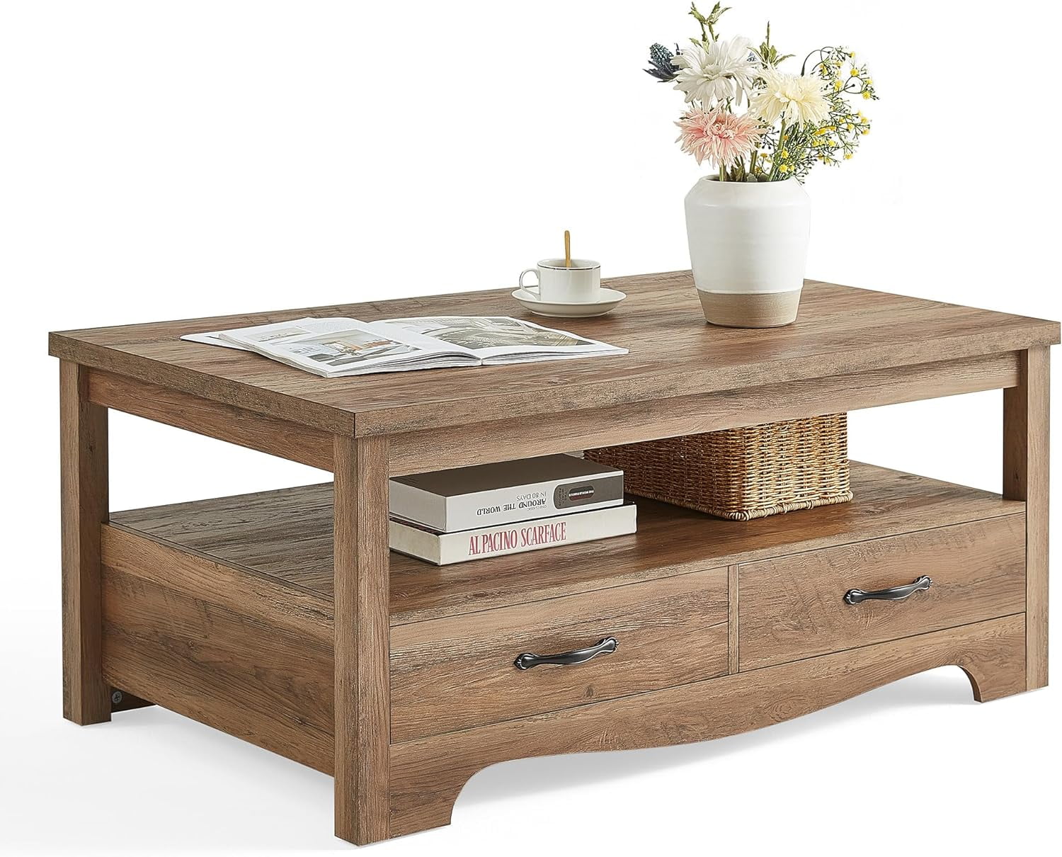 Brown Rectangular Wood and Metal Coffee Table with Storage