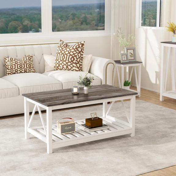 Farmhouse Coffee Table, White OakCoffee Table for Living Room, 2-Tier Rectangular Wooden Centre Cocktail Table with Slats Shelf Storage and V-Shaped Frame Modern Coffee Table