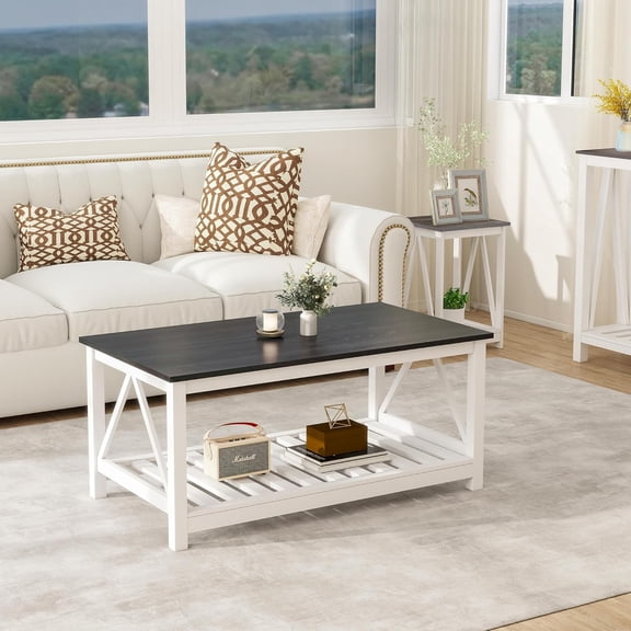 Farmhouse Coffee Table, White OakCoffee Table for Living Room, 2-Tier Rectangular Wooden Centre Cocktail Table with Slats Shelf Storage and V-Shaped Frame Modern Coffee Table