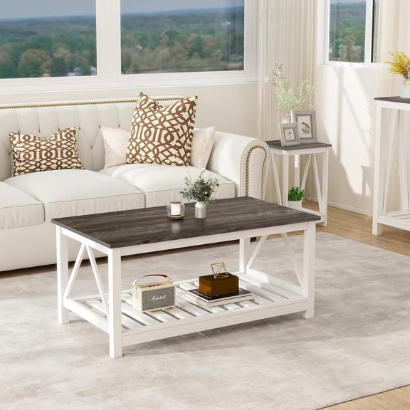 Farmhouse Coffee Table, White OakCoffee Table for Room, 2-Tier Rectangular Wooden Centre Table with Slats Shelf Storage and V-Shaped Frame Modern Coffee Table Dark Oak