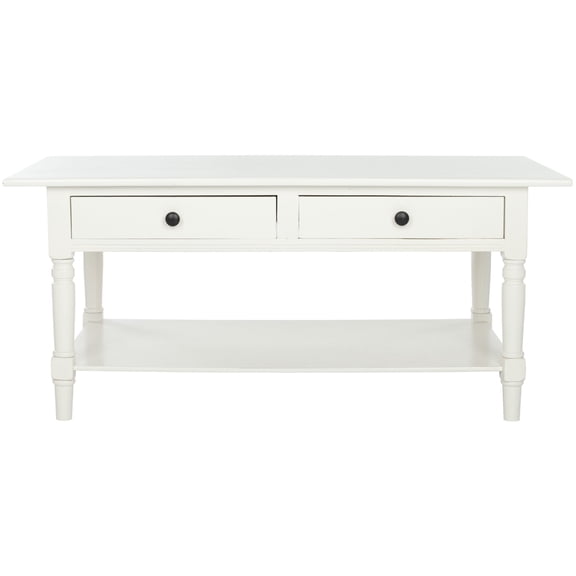 Farmhouse Coffee Table With 2 Drawers And Lower Shelf In Distressed Cream