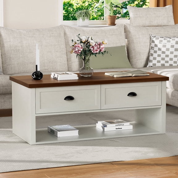 Farmhouse Coffee Table With 2 Drawers,Cocktail Table For Living Room,White