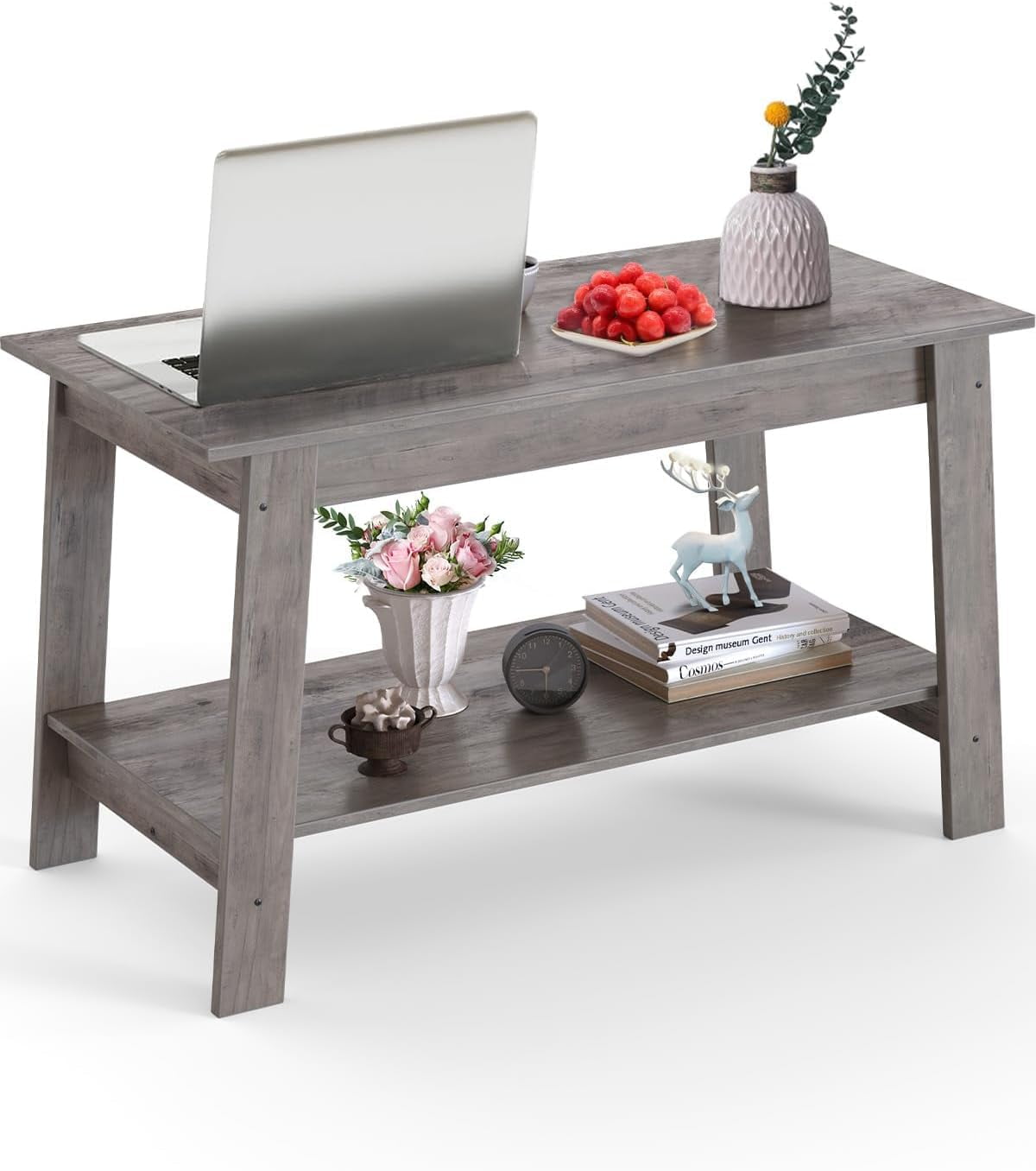 Farmhouse Coffee Table for Living Room, 2-Tier Storage Shelves, Wood ...