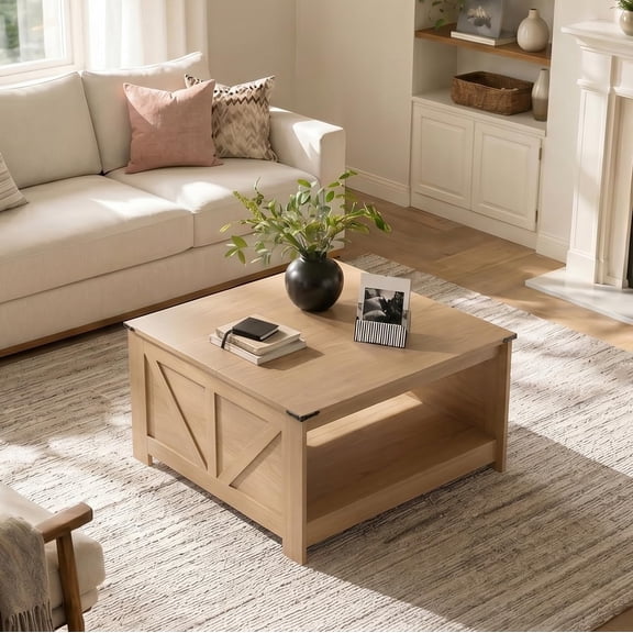 Farmhouse Coffee Table for Living Room, Wood Square Coffee Tables, 31.5" D x 31.5" W, Natural Oak