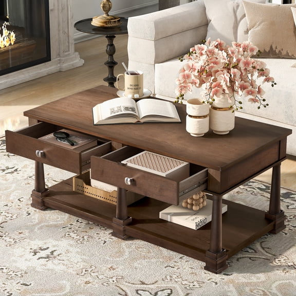 Farmhouse Coffee Table with 2 Drawers & Shelf, Wooden Center Table with Solid Wood Legs