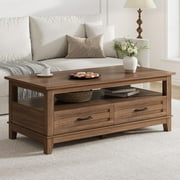 Farmhouse Coffee Table with Drawers, 47.2 Center Table Rustic Coffee Tables Walnut Center Table with Open Shelf, 6 Support Legs