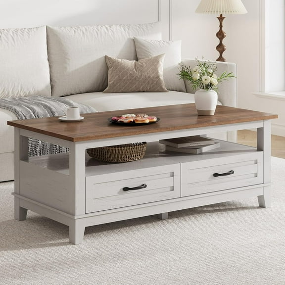 Farmhouse Coffee Table with Drawers, 47.2" Center Table Rustic Coffee Tables White Brown Living Room Table, with Open Shelf and 6 Support Legs