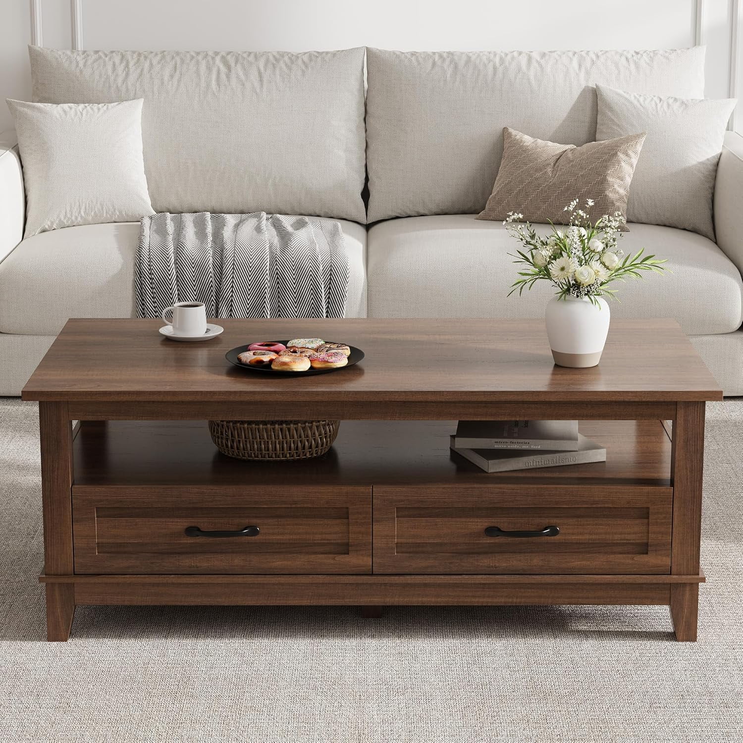 Farmhouse Coffee Table with Drawers, Center Table Rustic Coffee Tables Walnut Living Room Table ...