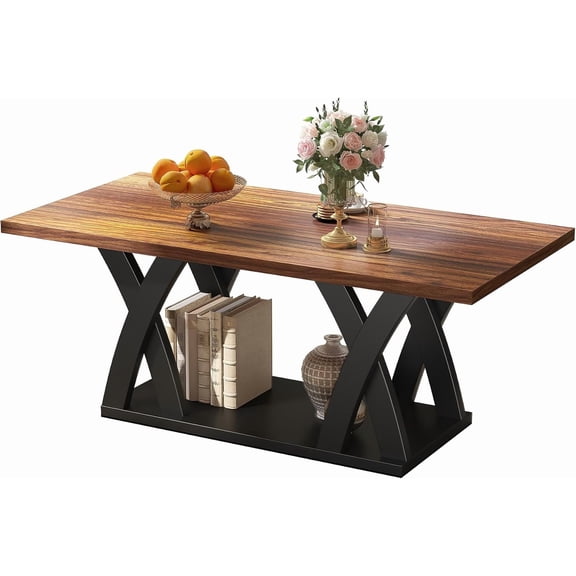 Farmhouse Coffee Table with Shelf, Wood Coffee Table for Living Room, Open Display Area,47” Brown and Black