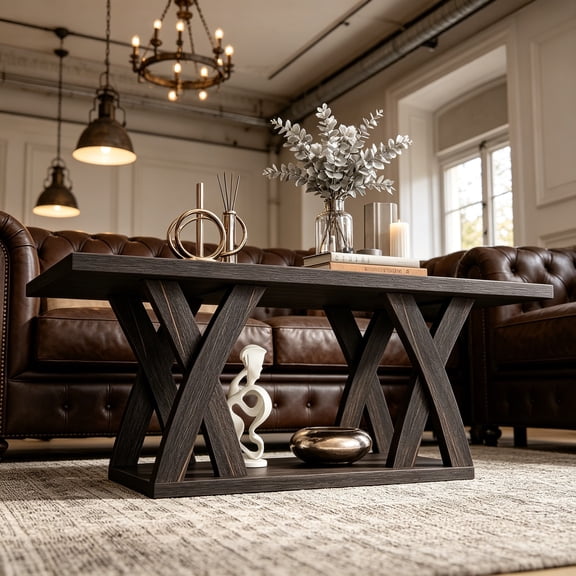 Farmhouse Coffee Table with Shelf, Wood Coffee Table for Living Room, Open Display Area, 47 Dark Brown