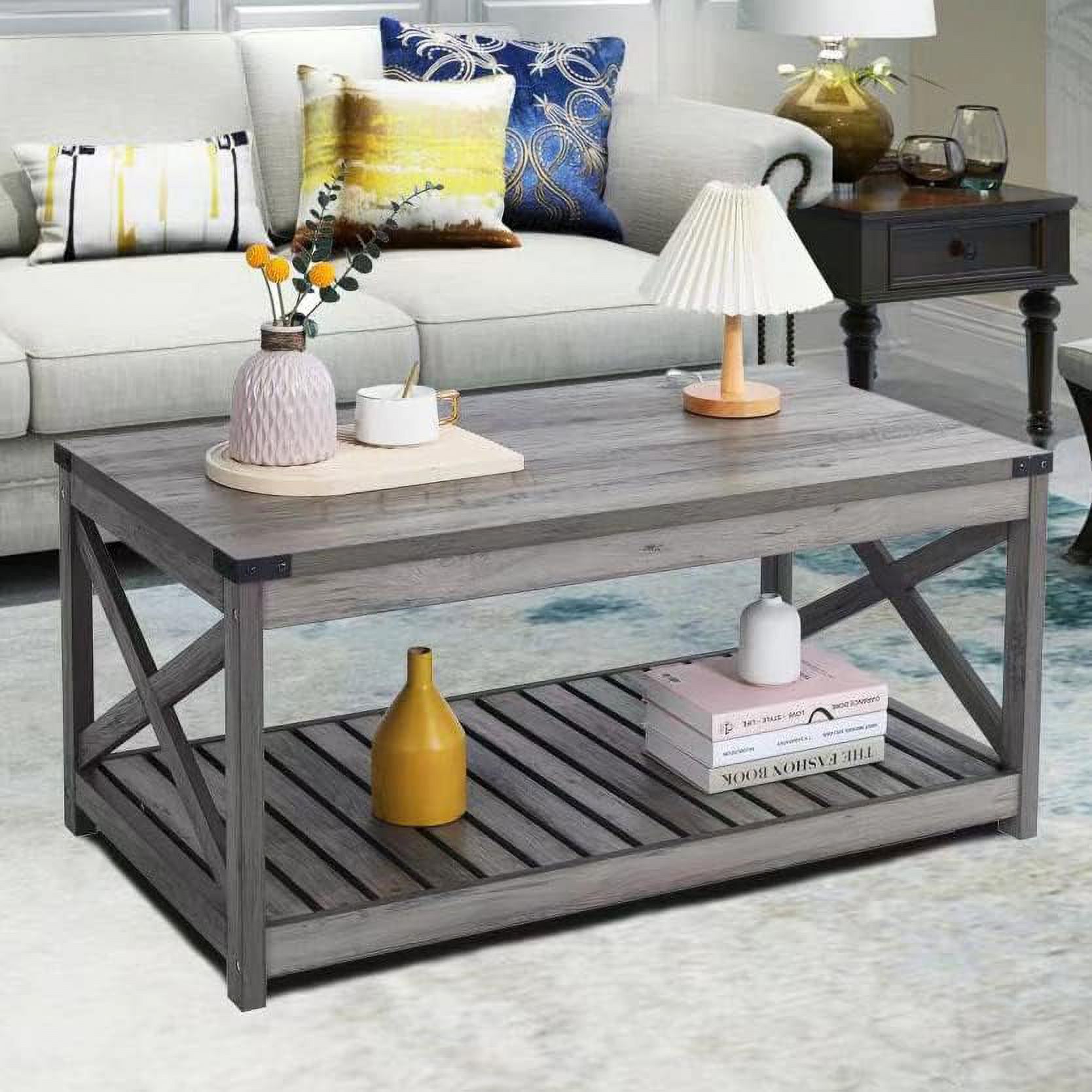 Farmhouse Coffee Table with Slatted Shelf and Corner Protection, 40