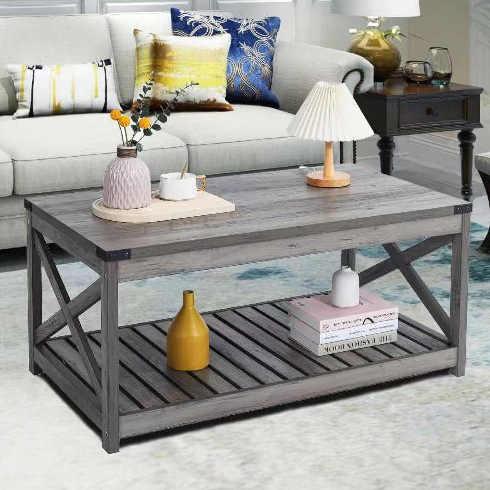 Farmhouse Coffee Table with Slatted and Corner Protection 40 Inches