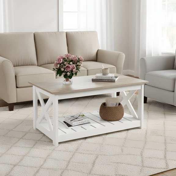 Farmhouse Coffee Table with Storage - 2-Tier Living Room Center Table