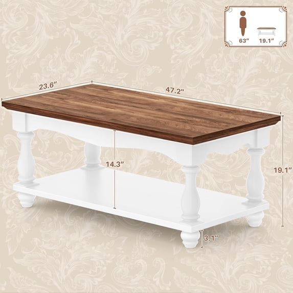 Farmhouse Coffee Table with Storage, Mid Modern 2-Tier Rectangle Coffee Table with Solid Wood Legs, Vintage Living Room Tables, Rustic Brown