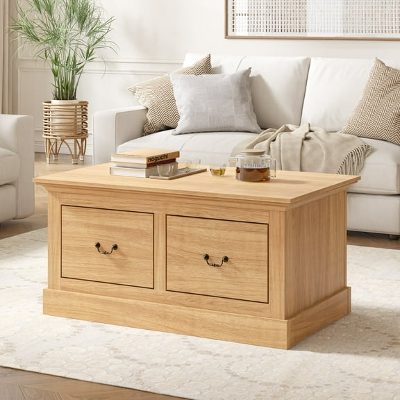 Swedhaus Modern Coffee Table for Living Room,Multi-functional Wood Center Table with 2 Large Storage Cabinets for Home,Natural Oak