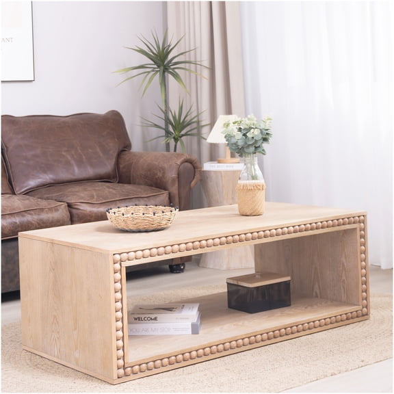 Farmhouse Coffee Table with Storage Shelf, Rustic Beaded Edge Rectangular Center Table for Living Room, Natural Finish