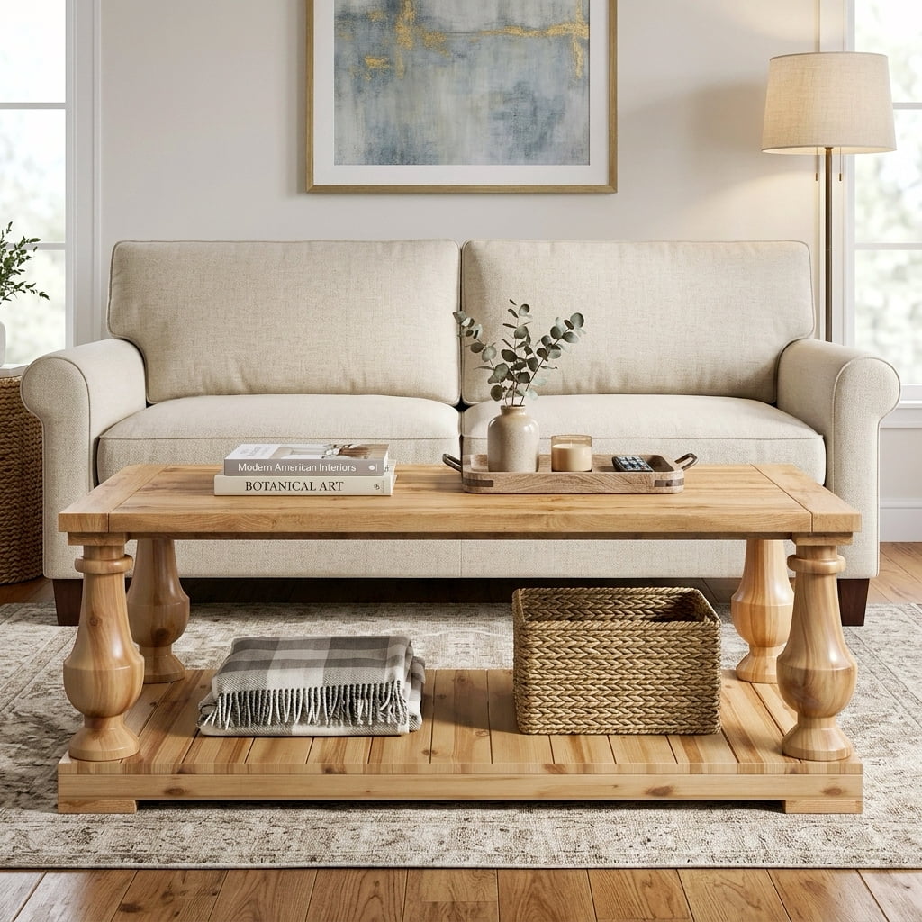 Farmhouse Coffee Table with Storage Shelf, Solid Wood Turned Legs, 2-Tier Rustic Wood Center Table for Living Room, Natural