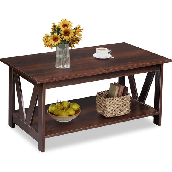 Farmhouse Coffee Table with Storage Shelf and V-Frame Support 39.4 Inch Rustic Wood Two-Tier Center Table Espresso