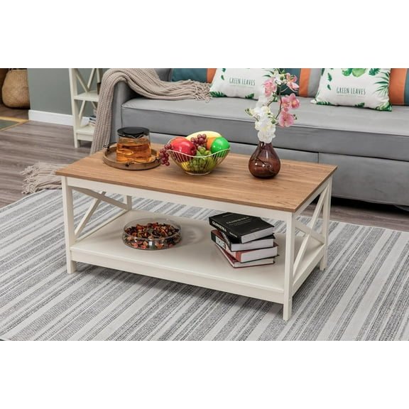 Erste!Bravo Farmhouse Coffee Table with Storage, Square Modern Center Table with Shelf for Living Room, Rustic Wood Look Cocktail Table, Easy Assembly, Ivory+Oak