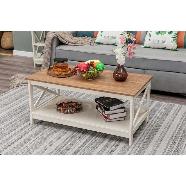 Farmhouse Coffee Table with Storage, Square Modern Center Table with Shelf for Living Room, Rustic Wood Look Cocktail Table, Easy Assembly, Ivory+Oak