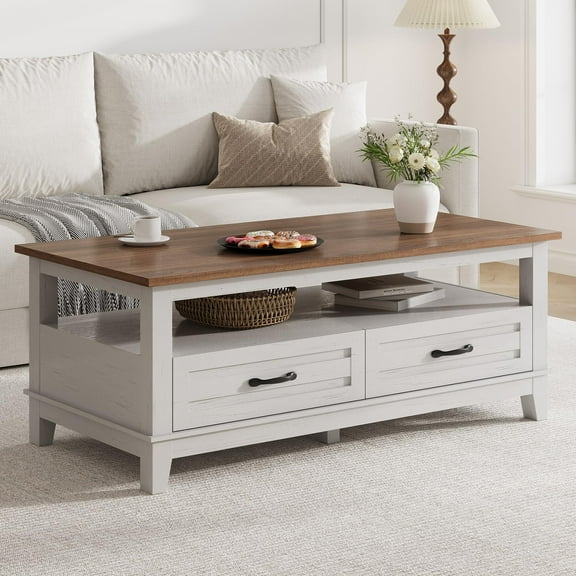 Farmhouse Coffee Table with Storage, Wood Coffee Table for Living Room, Industrial Cocktail Table with Open Display Area and Storage Drawers for Home