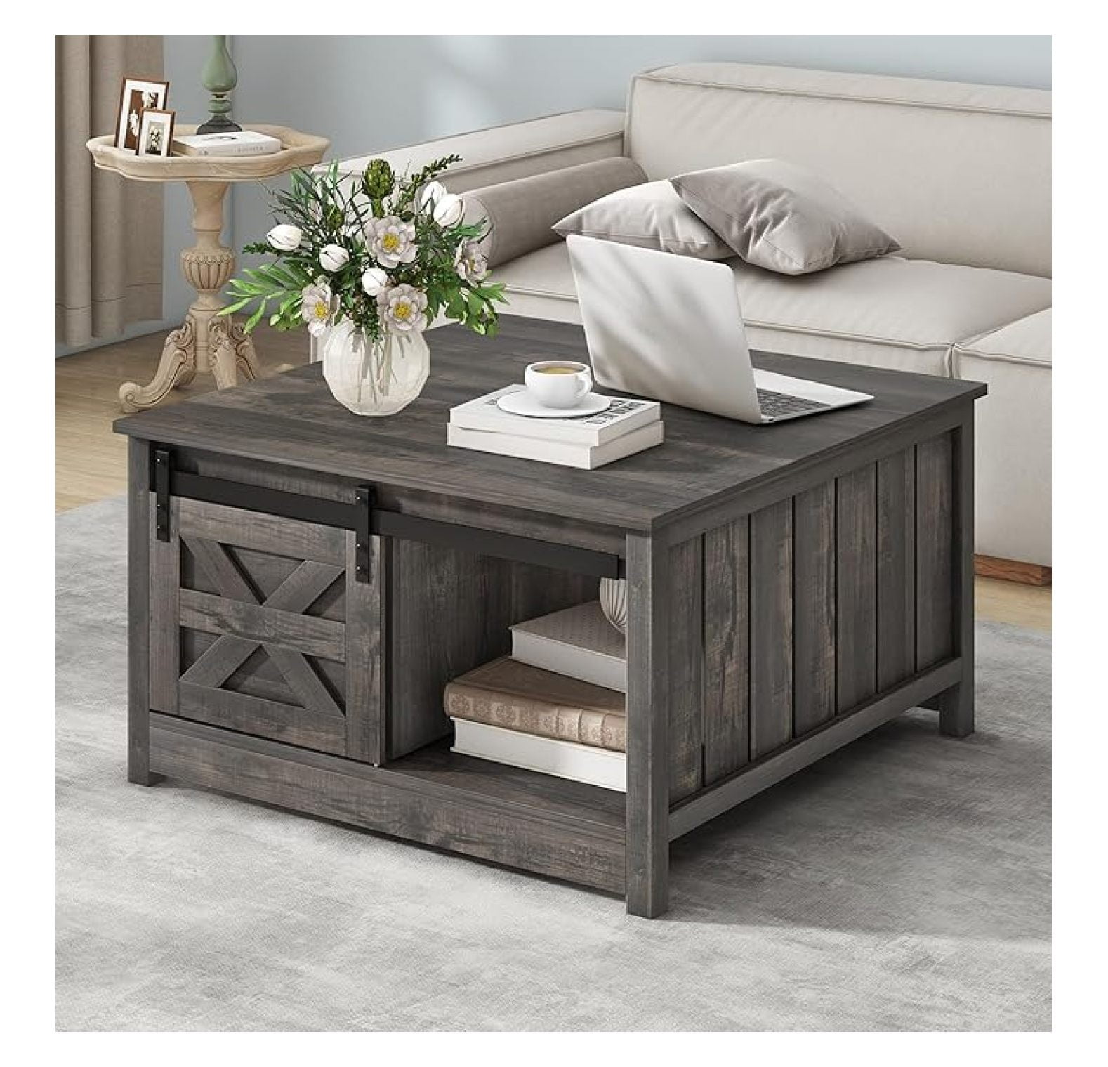 Farmhouse Coffee Table with Storage: Wooden Square Center Table with ...
