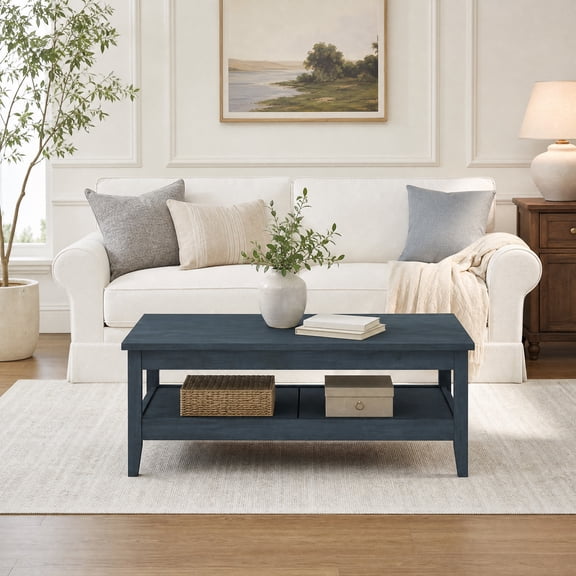 Farmhouse Coffee Table with Thickened Tabletop & Storage Shelf, 2-Tier Rectangular Center Table for Living RoomBlue