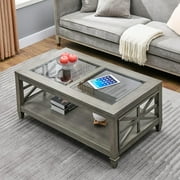 Farmhouse Coffee Tables For Living Room, Grey Coffee Tables Rustic Solid Wood Coffee Table, Glass Cocktail Table Center Table, 45.5"X26"X19", Antique Grey KFZ-1318-AN