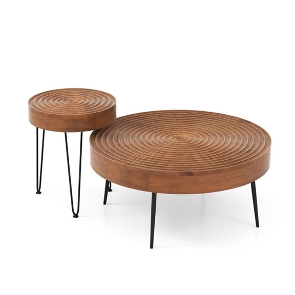 Farmhouse Coffee Tables Set of 2, Solid Wood Round Nesting Tables, Ripple Pattern Accent Tables for Living Room, 31.5" & 16" Natural Pine Wood