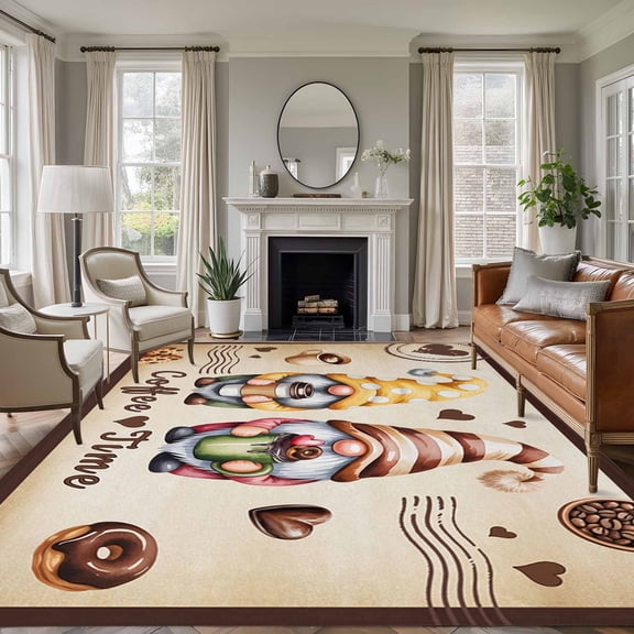 Farmhouse Coffee Time Area Rugs 5'x8', Washable Small Throw Rugs for Classroom Bedroom, Vintage Gnomes Desserts Burnt Brown Indoor Outdoor Rug Non-Slip Low Pile Carpet Runner Reversible Floor Mats