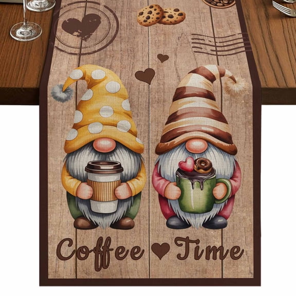 Farmhouse Coffee Time Burlap Cotton Table Runner 13x36 Inches Short, Vintage Gnomes Desserts Brown Wood Farmhouse Table Runners, Outdoor Dining Tablecloths Decor for Baby Shower/Party/Wedding
