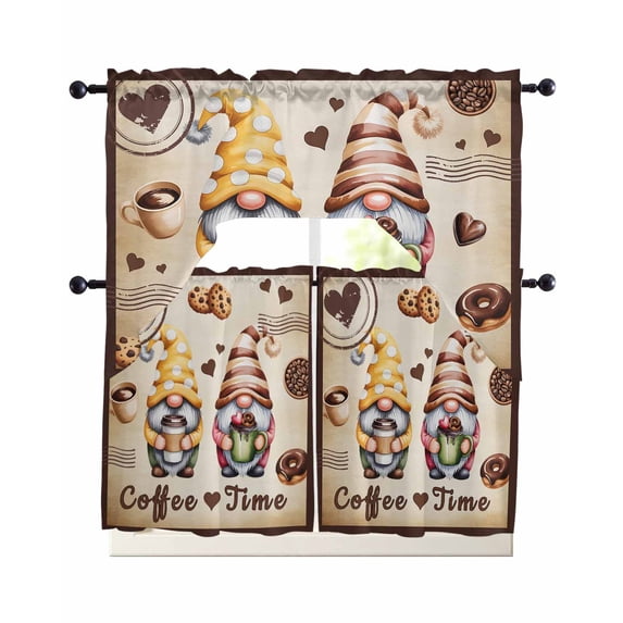 Farmhouse Coffee Time Swag Kitchen Curtains Sets for Windows 24 Inch Length, Vintage Gnomes Desserts Burnt Brown Short Window Curtain Panels Swags Valances and Tiers 3 Piece Set for Cafe/Dining Room