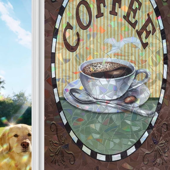Farmhouse Coffee Window Privacy Film Stain Glass,Reusable Decorative Rainbow Window Film,Vintage Coffee Cup Beans Country Static Cling Sun Blocking Stickers Decals Covers 17.7" x 39.3" (2pcs)