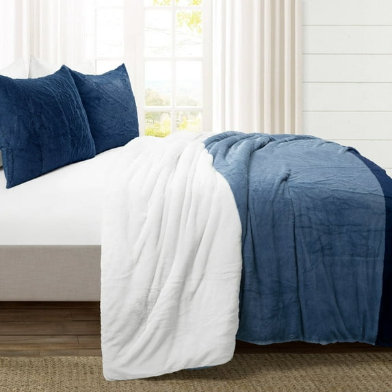 Farmhouse Color Block Ultra Soft Faux Fur All Season Comforter Navy 3Pc Set King