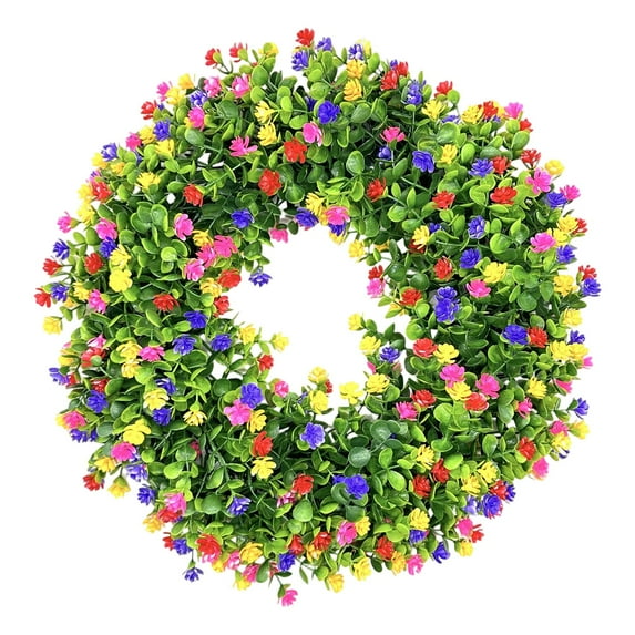 Farmhouse Colorful Cottage Wreath - Spring and Summer Home Decor, Durable Artificial Wreath for All Seasons, Front Door Porch Holiday Decorations (Colorful, 15in)
