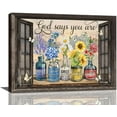 thumbnail image 1 of Farmhouse Colorful Flower Bathroom Decor Wall Art Rustic Daisy Sunflower Lavender God Says You Are Floral Wall Decor Christian Religion Canvas Painting Print Artwork Framed for Bedroom 16"x12", 1 of 6