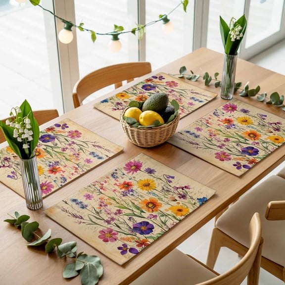 Farmhouse Colorful Small Flower Placemats Set of 4,Wipeable Washable Table Mats for Dining Tables, Retro Backdrop Seamless Place Mats for Kitchen Event Party Tabletop Decor