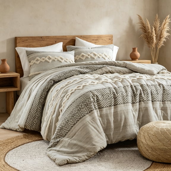 Farmhouse Comforter Set in Gray, Full/Queen Size Boho Bedding Set, Cotton Top with Modern Neutral Style Clipped Jacquard Stripes, 3-Piece Including Matching Pillow Shams (90"x90")
