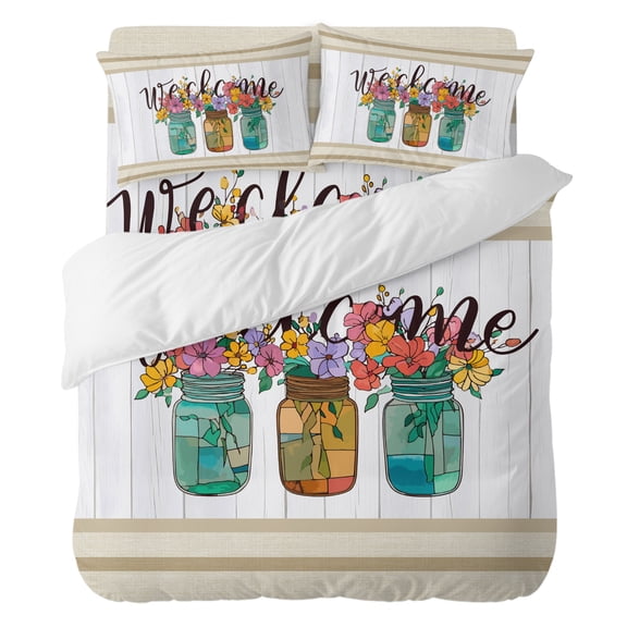Farmhouse Comforter Set King Size, Welcome Wildflower Stained Glass Mason Jar Wood Grain Soft Bedding Set for Man Woman, 4 Pieces Duvet Cover Set with Fitted Sheet, 2 Pillowcases