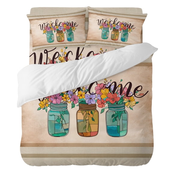 Farmhouse Comforter Set Twin Size, Welcome Wildflower Stained Glass Mason Jar Brown Soft Bedding Set for Man Woman, 4 Pieces Duvet Cover Set with Fitted Sheet, 2 Pillowcases