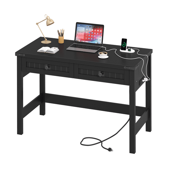 Farmhouse Computer Desk with 2 Drawers, 39 Inch Small Black Computer Desk with Power Outlets, Home Office Desk Compact Writing Study Table for Small Spaces