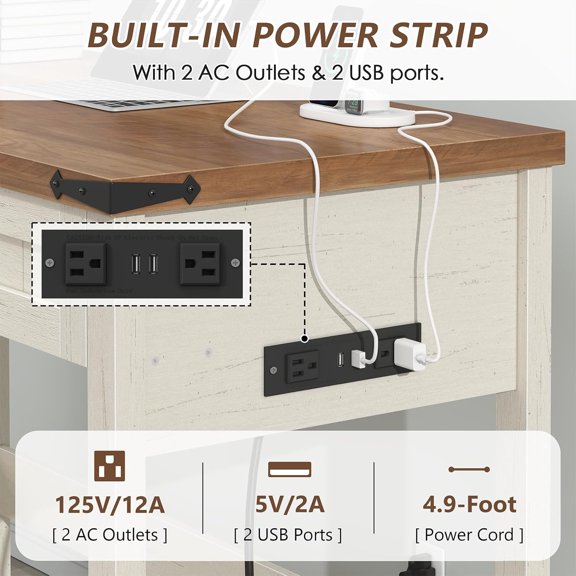 Farmhouse Computer Desk with 2 Drawers, 39 Inch Small Office Computer Desk with Power Outlets, Compact Writing Study Desk for Small Spaces, Antique White$$Home Decor, Kitchen, & Other