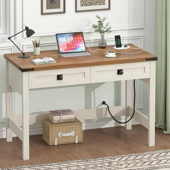 Farmhouse Computer Desk with 2 Drawers, 39 Inch Small Office Computer Desk with Power Outlets, Compact Writing Study Desk for Small Spaces, Antique White