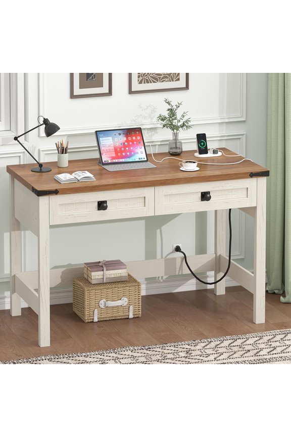 Farmhouse Computer Desk with 2 Drawers, 39 Inch Small Office Computer Desk with Power Outlets, Compact Writing Study Desk for Small Spaces, Antique White
