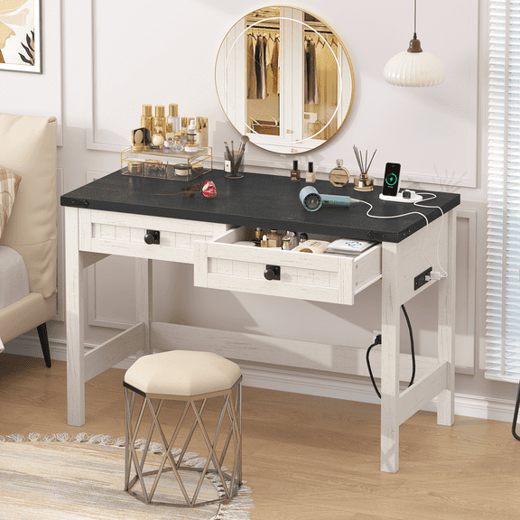 Farmhouse Computer Desk with 2 Drawers, 39 Inch Small Office Computer Desk with Power Outlets, Compact Writing Study Vanity Desk for Small Spaces, Black and White