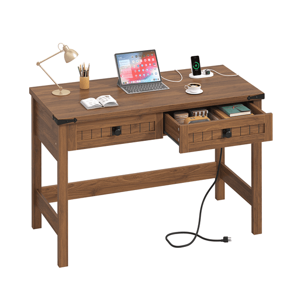 Farmhouse Computer Desk with 2 Drawers, 39 Inch Small Office Computer Desk with Power Outlets, Compact Writing Study Vanity Desk for Small Spaces, Brown