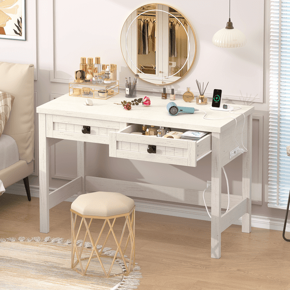 Farmhouse Computer Desk with 2 Drawers, 39 Inch Small Office Computer Desk with Power Outlets, Compact Writing Study Vanity Desk for Small Spaces, White