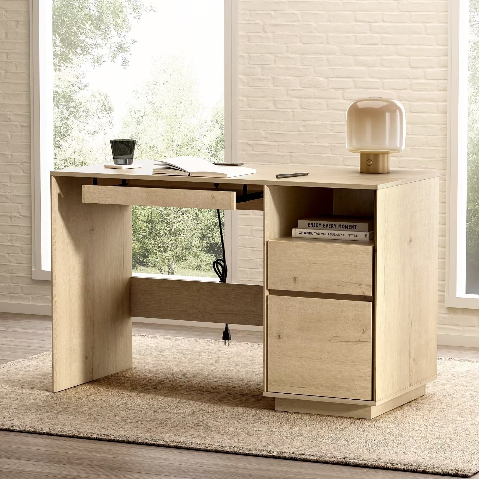 EYYTHUNG 47" Office Desk, Farmhouse Executive Desk with File Drawer & Outlet, Wood Computer Desks with Keyboard Tray, Light Oak